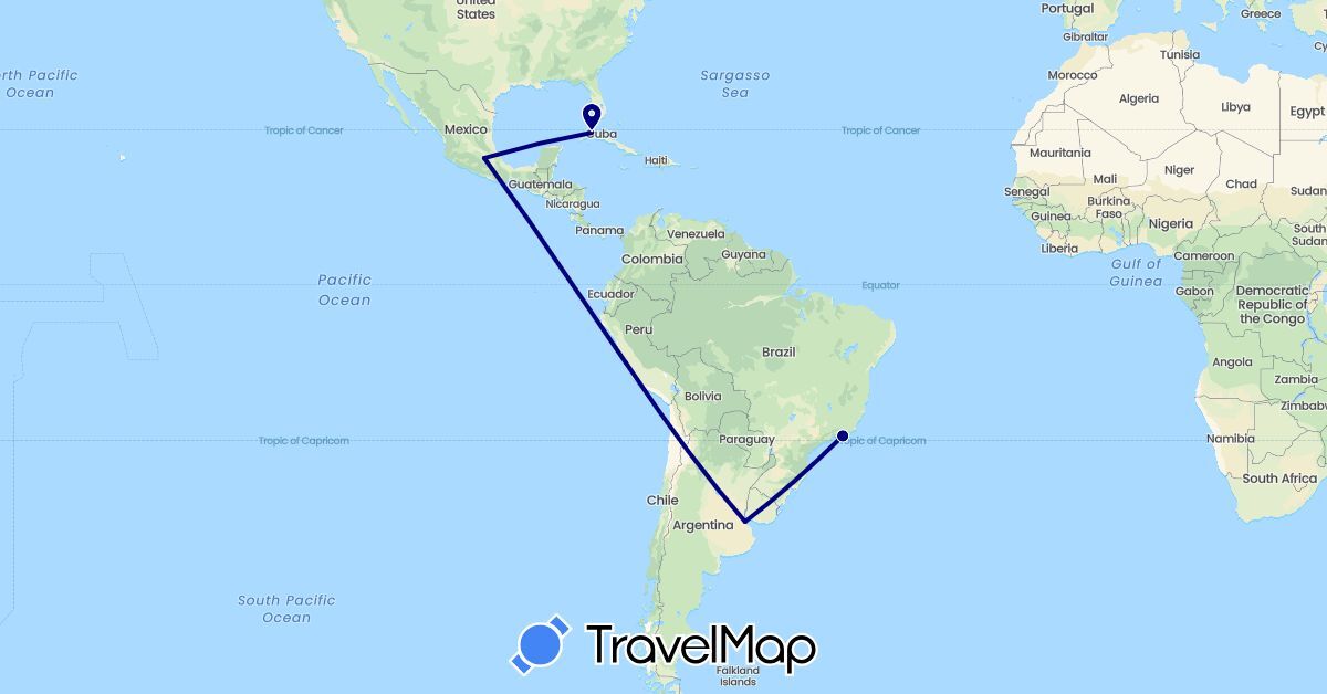 TravelMap itinerary: driving in Argentina, Brazil, Cuba, Mexico, Peru (North America, South America)